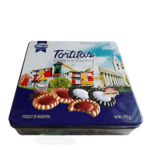 Bánh Arcor Tortitas Assorted Biscuit hộp sắt vuông màu xanh  415g