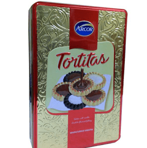 Hộp bánh Arcor Tortitas 415g ( Hộp thiếc màu đỏ vàng)